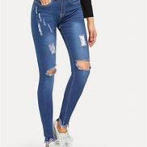High Waist High Stretch Raw Hem Skinny Jeans